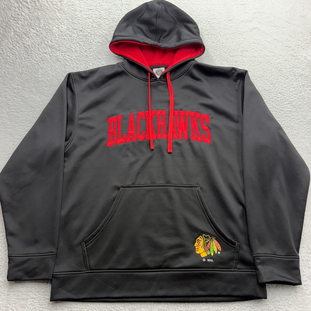 NHL Chicago Blackhawks Hoodie Mens Large Black Red Performance Fleece Pullover